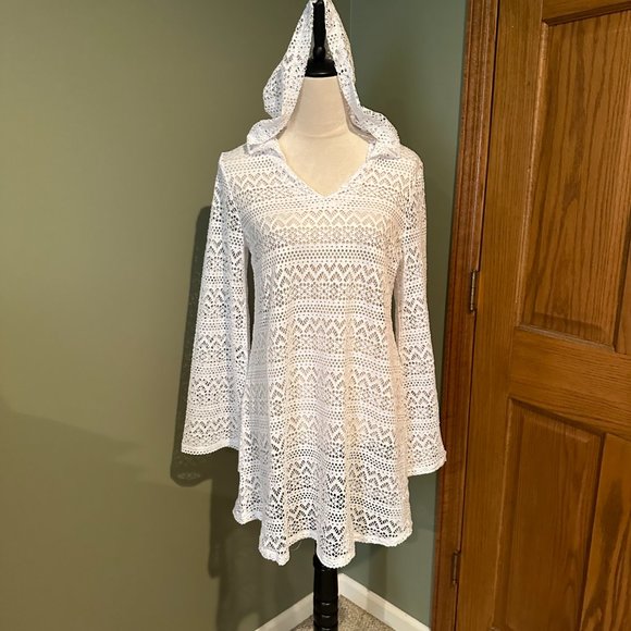 MIKEN SHEER CROCHET HOODED SWIM COVER UP SIZE M  #576 - Picture 3 of 4
